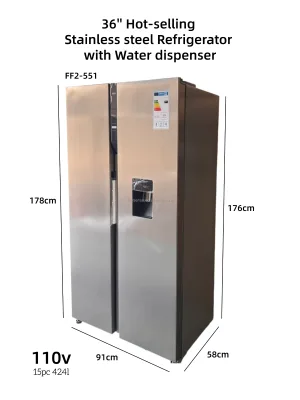 FF2-551 15pc Side by Side Refrigerator With Water Dispenser Stainless Steel Double Door 110V for Home Kitchen and Office Use