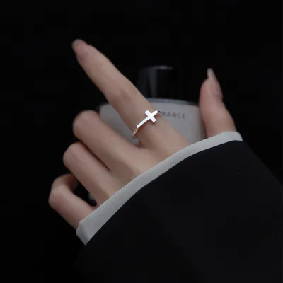 925 Sterling Silver Minimalism Style Women Girl Fashion Ring Waterproof Rings Adjustable Cross Ring