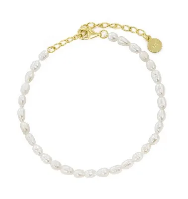 Handmade 3mm Tiny Oval Natural Freshwater Pearl Bracelet 925 Sterling Silver with Gold Plating Diamond Main Stone Bulk Jewelry