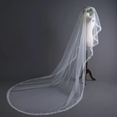 Romantic One Tier Long Wedding Veil Simple Korean Style Plum Blossom Sequin Lace Edge White Tulle Bridal Veil Wedding Accessory
