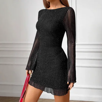 European American Spring/Summer New  Womens Apparel for Backless Shimmering High Waist O-Neck Dress