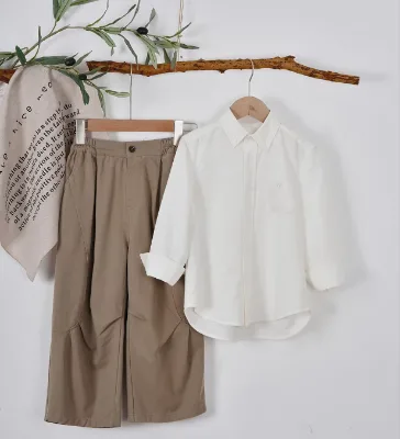 Old Qian Feng Cotton Linen Long-sleeved Solid Color Children's Shirt Spring Summer New Skin-friendly Breathable Turn-down Boys'