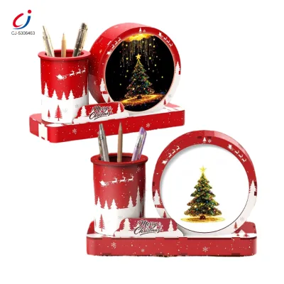 Chengji Wooden Decorative Ornaments 3 in 1 Creative Crafts Christmas Series Voice Controlled Night Light Wooden Pen Holder Kids