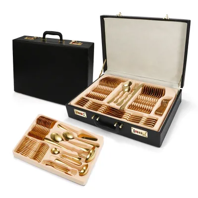 Luxury 1010 Stainless Steel 84-piece Tableware Set Best Gift Silverware Cutlery Set with Leather Case for Wedding Party