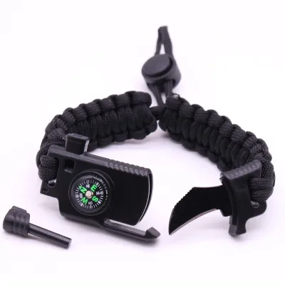 Survival Paracord Bracelet Knife with Flint Fire Starter Compass Whistle Buckle for Outdoor Camping Hiking