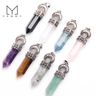 Vintage Silver Alloy Metal Point Shape Charms Natural Amethyst Shinny Stone Bead Crystal Pendants for Necklace