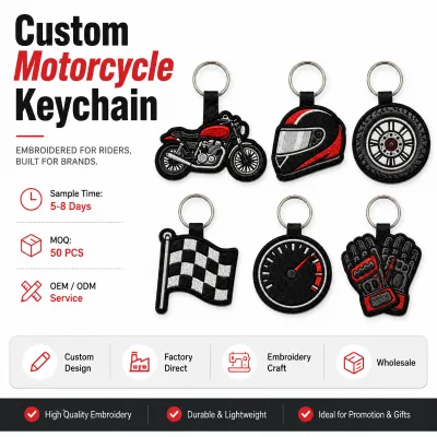 Custom Logo Motorcycle Embroidery Keychains Fast Sample 5-8 Days OEM ODM One-Stop Solution Biker Keyring Bulk Wholesale