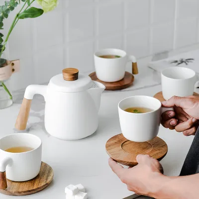 Hot Sale Matt Black Coffee Tea Cup Set With Bamboo Wooden Tray Ceramics Tea Sets