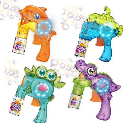 Transparent Plastic Press Button Friction Steamship Dinosaurs Crabs Dolphins Bubble Gun with Light for Ages 6+