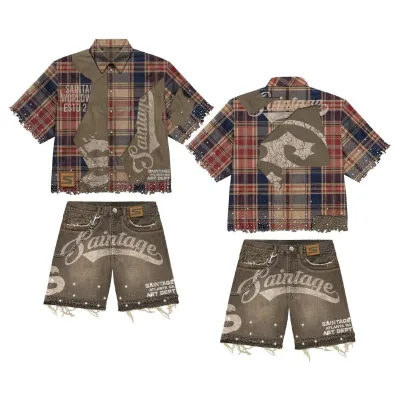 Tshirt Manufacturer Men's Custom Summer T-Shirt Set Short Denim Knitted with Paneled Flannel Design and Screen Print