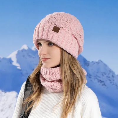 European American Style Winter Hat Scarf Set for Women Warm Knitted Ear Protection Beanie Cross-Border Cold-Proof Common Fabric