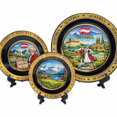Custom Foil Logo Austrian Ceramic Souvenir Plates Scenic Cultural Designs Personalized Gift Wholesale Luxury Home Decor
