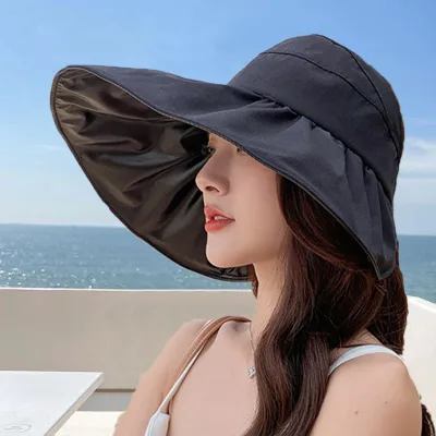 Summer Sun Hats Extra Large Brim Sun Hat for Beach UV Protection UPF 50+ Foldable Black Fishing Hat for Women
