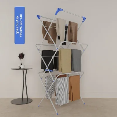 Balcony Windproof Multi-pole Telescopic Triple-folding Clothes Drying Rack; Floor-standing Portable Space-saving Foldable Rack