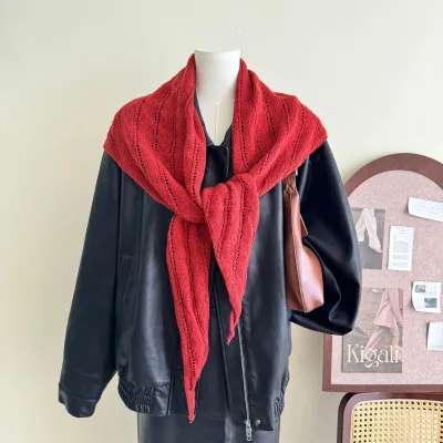 Autumn Winter Women's Vintage Hollow Knitted Triangle Scarf Polyester Anti-Bacterial Multifunctional Warm Thin Small Knot Shawl