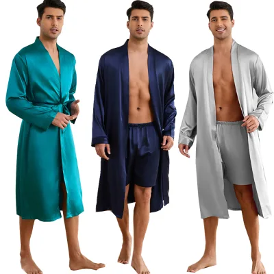 Men's Casual Summer Pajama Shorts Set Breathable Satin Solid Color 100% Polyester Thin Bathrobe Home Wear European American