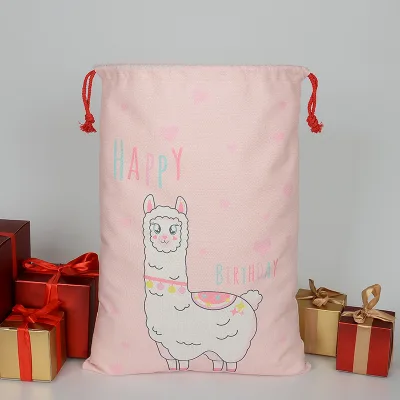 Ginzeal Factory Price Eco-Friendly Durable Cartoon Alpaca Llama Printing Linen Drawstring Bag Happy Birthday Reusable Kids Gift