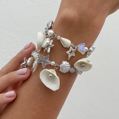 Ocean-Inspired Conch Shell Bracelet for Girls Cool and Sweet Geometric Pattern with Imitation Pearl Starfish Bead