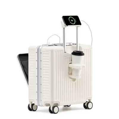 18'' Luxury Aluminum Frame Suitcase with TSA Lock Spinner Handle Front Opening Cup Holder Unisex Travel Business Daily Use Gift