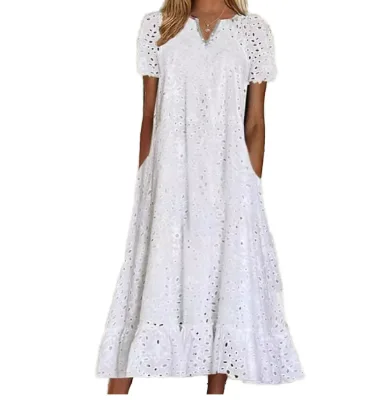Women's Solid V-Neck Short Sleeve Floor-Length Loose Ruffle Hem Dress with Eyelet Embroidery Side Pockets OEM/ODM Custom White