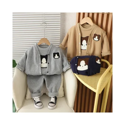 Autumn Spring Children's Casual Top Baby Cardigan Coat with Embroidered Cathead Three-Piece Knitwear Fashion Wear for Kids