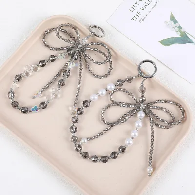 Beaded Wrist Phone Pendant with Elegant Double Bow Decoration for Bags and Pendant Chain