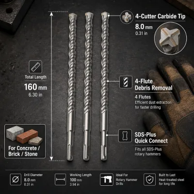 Premium SDS Plus 4 Cutter Cross Carbide Tip Core Hammer Drill Bit 6-40mm Concrete Granite Marble Natural Stone Drilling OEM