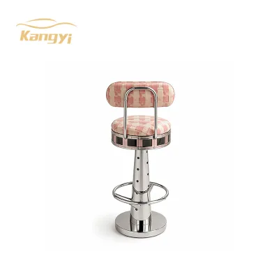 American Vintage Swivel Bar Chair Pink Plaid With Backrest