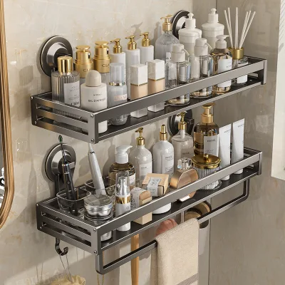 Modern Wall-Mounted Aluminum Storage Rack Non-Perforated Toilet Suction Cup Bathroom Kitchen Corner Style for Living Room