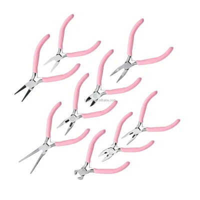 9PCS Jewelry Pliers Set 5 Inch Mini Jewelry Tools Kit Pink Handle Round Nose Flat Nose Cutting Pliers for Jewelry Making Repair