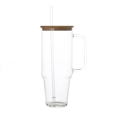 Hot Selling 40oz Clear Glass Tumbler Bamboo Lid Frosted Handle Sublimation Blanks Travel Mug Water Bottles Beer Glasses