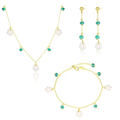 Daidan Silver Set Jewelry Hand Made Elegant Choker Gold Plated Beaded Real Pearl Crystal Jewelry Set