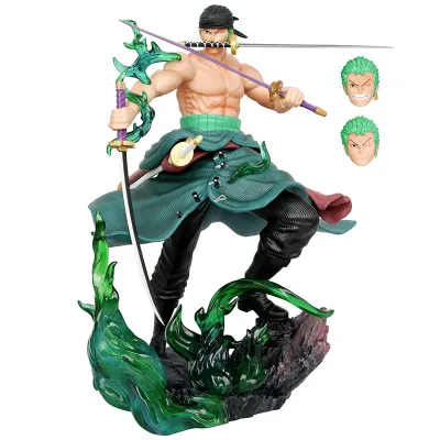 32CM New 0NE PIECE Roronoa Zoro Standing Pose Three Heads Cartoon Manga Figurine Statue Figura PVC Anime Figure Toys Gift