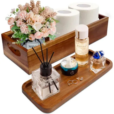 Vertical Single Compartment Portable Lacquer Finish Bathroom Organizer Tray Wooden Countertop Storage for Bathroom Accessories
