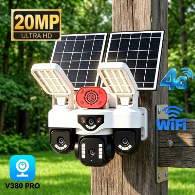 V380 New 20MP Solar Powered WiFi/ 4G Sim Solar Camera Outdoor 12000MaH Battery 2-IN-1 Solar Lighting CCTV Solar Camera