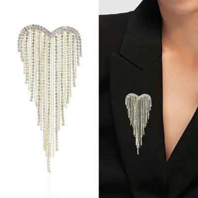 Elegant Bling Bling Crystal Rhinestone Long Thread Tassel Chain Drop Lapel Heart Shape Brooches Pins Corsage Brooches for Women