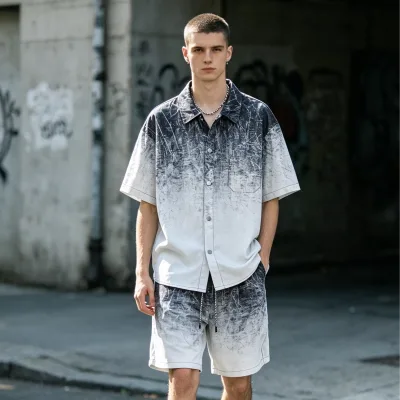Men Thin Ice Silk Tie Dye Short Sleeve Shirt Set Summer New Loose Breathable Lightweight Casual Fashion Two Piece Outfit