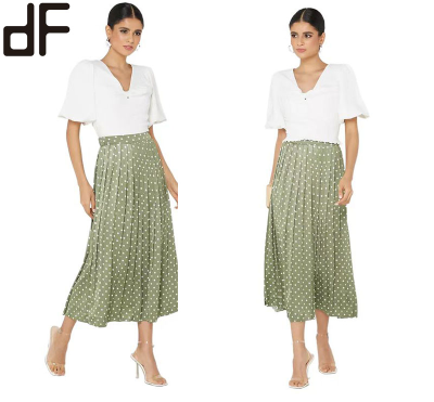 Day Look OEM Customized High Waist Pleat Detail Skirt Pleated and Flared Hem Style Dot Printed Skirt for Ladies