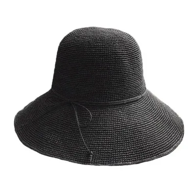 Foldable Hand Crocheted Twisted Raffia Straw Striped Packable Travel Bucket Beach Hat