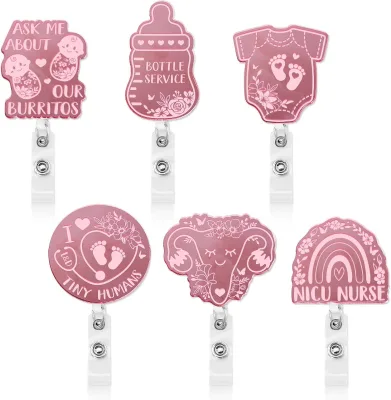 Baby Labor and Delivery Pink Mirror Acrylic Skull Easy to Pull Buckle Doctor Nurse Telescopic Clip Badge Reel Roll