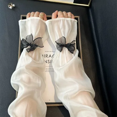 Sheer Chiffon Bow Sun Protection Arm Sleeves Lightweight UV Protection Driving Women Arm Covers