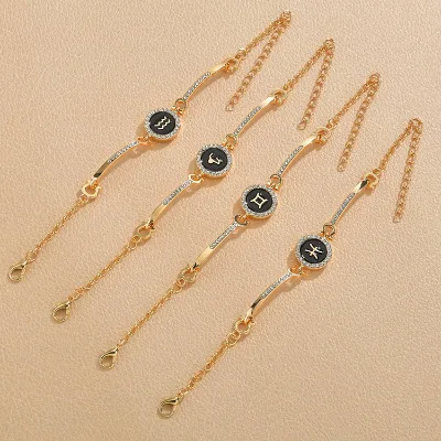 Gold Plated 12 Zodiac Sign Constellations Horoscope Wrist Link Chain Bracelets Bangle Diamond Pendant Zodiac Charm Bracelet