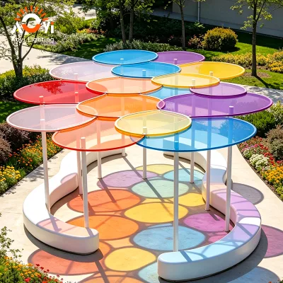 Rainbow Color Transparent Acrylic Petal Canopy Landscape Light Irregular Overlapping Oval Sunshade Sculpture Lamp White Metal