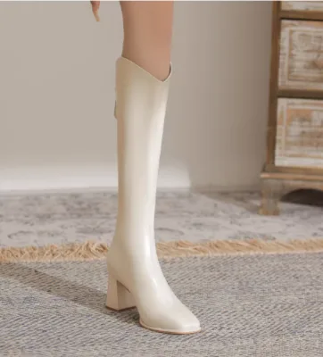 Women's Long Boots Made of Genuine Leather with Thick Sole, Increased Height, Anti Slip, Fashionable Outdoor White Women's Shoes