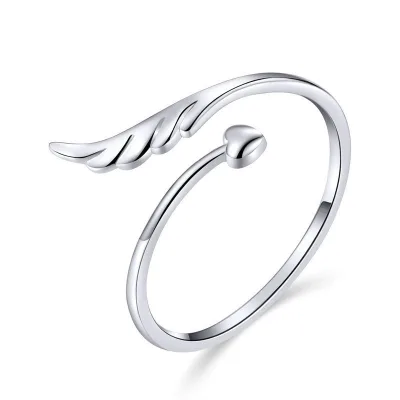 Bestselling S925 Sterling Silver Ring for Women, Open Fashionable Platinum Plated Angel Wings Simple Silver Finger Ring