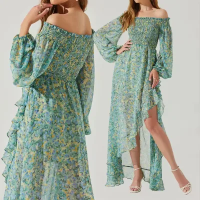 Manufacturer Custom Spring a Line Slit Off Shoulder Chiffon Long Sleeve Flower Print Ruffle Smocked Floral Casual Dress Women