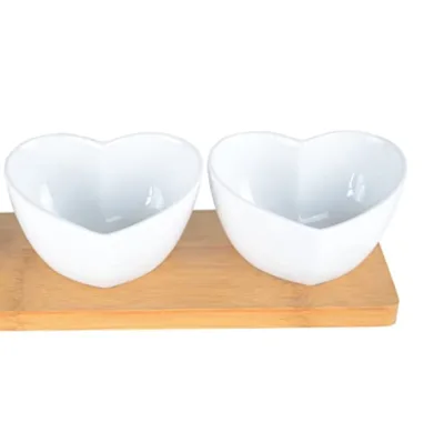 Heart Shape Ceramic Dip Set with Bamboo Serving Board