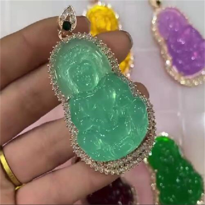 Man Made Chalcedony Maitreya Buddha Leaf Pendant Female High Ice Blood Amber Necklace Pendant