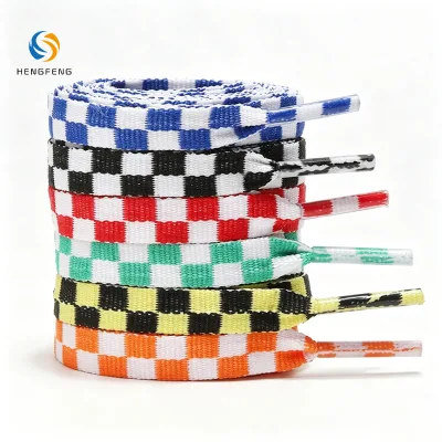 Wholesale Custom Size Checkerboard Plaid Printed Polyester Flat Shoelaces Colorful Fit Sports Boots Canvas Sneakers