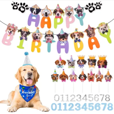 Dogs Happy Birthday Banners Flags Garland Scarf Hats Cupcake Toppers Cake Toppers for Pet Dogs Boy Girl Birthday Party Supplies
